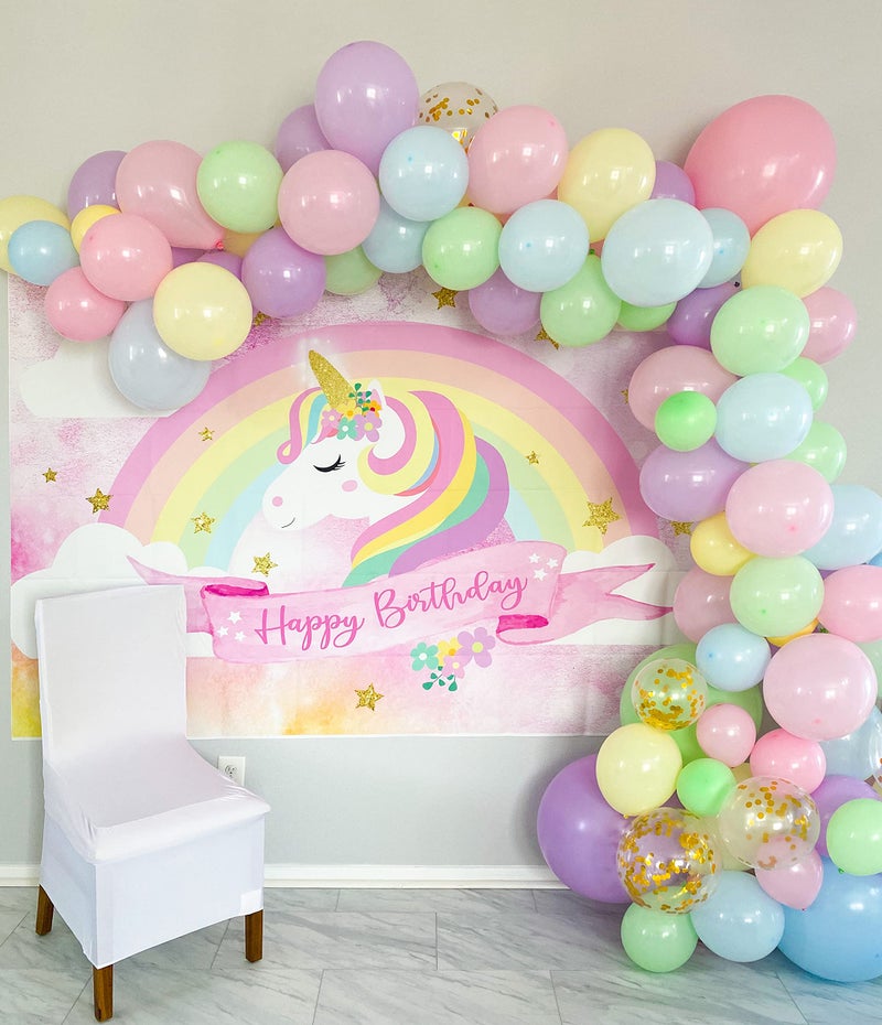 Mocsicka Unicorn Theme Birthday Party Decoration, Pink Cotton Backdrop with Rainbow Clouds, 7x5ft - Image 2